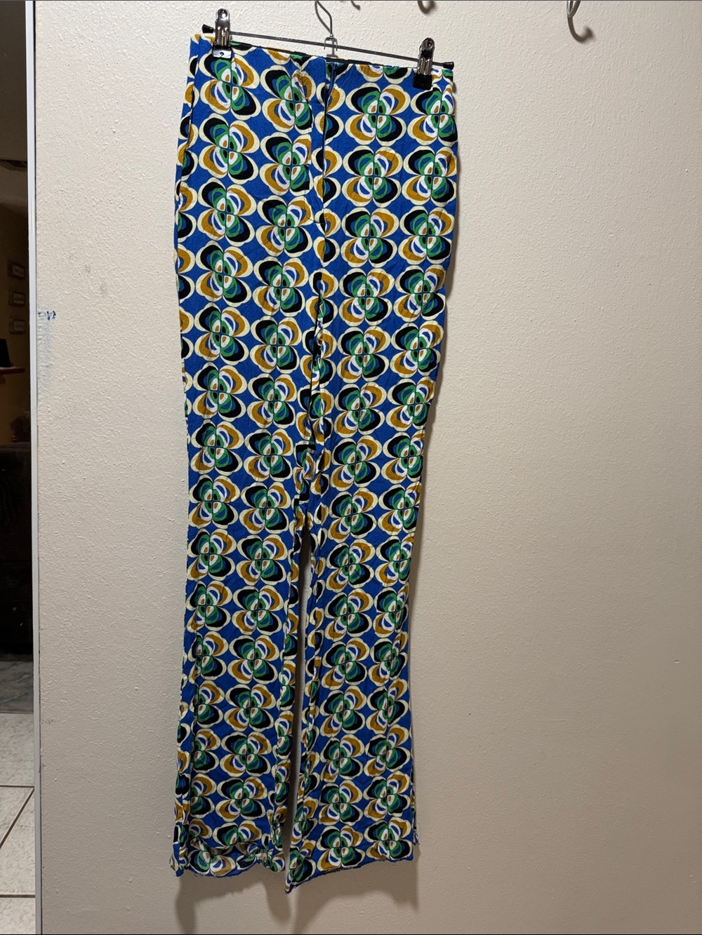 Zara Blue Patterned Wide-Leg Pants with Green & Yellow Accents